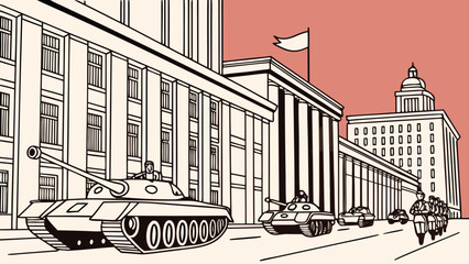 Military parade with tanks on a city street in front of government buildings, retro illustration