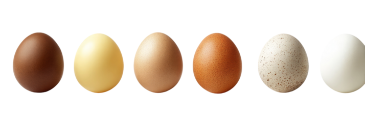 A vibrant display of various eggs showcasing different colors and textures, arranged neatly in a row on a white background, ideal for culinary or educational purposes