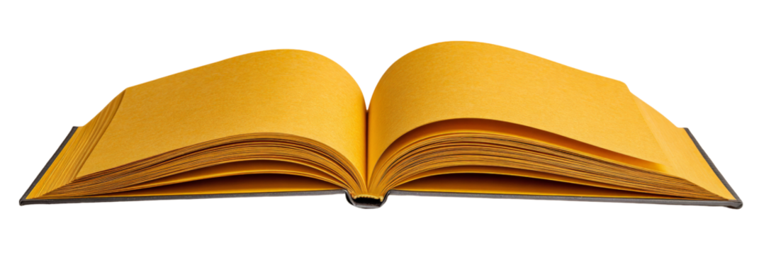 An open yellow book showcasing its blank pages, placed on a clean surface, with soft lighting highlighting the texture, ideal for educational or creative projects