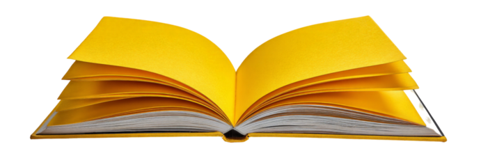 A vibrant yellow book opened to reveal its pages, set against a clean white background, ideal for educational or literary-themed projects and visually appealing presentations