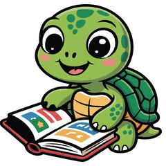 Fototapeta premium Cartoon turtle reading a book isolated on white background