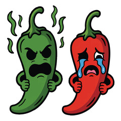 Fototapeta premium Two cartoon chili peppers with different emotions isolated on white background