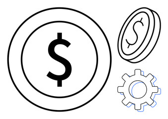 Large dollar coins in bold black outline combined with a gear to symbolize money flow, efficiency, and economic management. Ideal for finance, business, investment, economy, productivity, savings