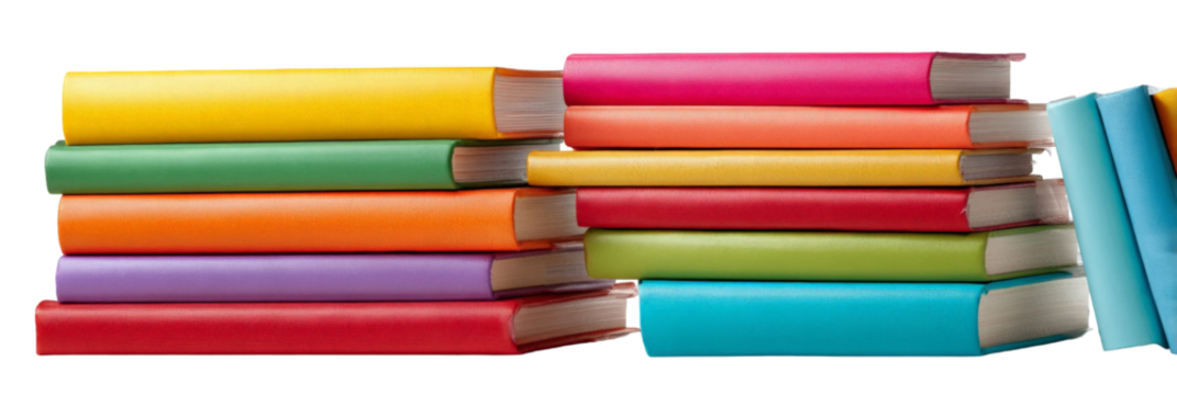 A vibrant stack of colorful books arranged in a dynamic manner, showcasing various hues and sizes, perfect for educational or literary-themed projects