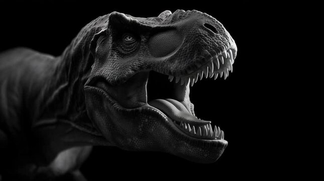 Monochrome dinosaur illustration of T. rex isolated on black