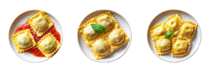 A vibrant display of three plates of ravioli, showcasing different fillings and sauces, garnished with fresh basil, set against a clean white background for culinary presentation