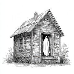 Obraz premium An eerie wooden house with a ghostly figure at the door, capturing a vintage Halloween spirit. Perfect for haunted themes and spooky designs, bringing a touch of the paranormal.