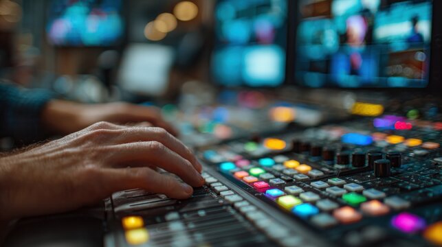 Close-up of hands adjusting a control panel in a bustling television studio, with blurred monitors and newsroom activity, showcasing the vital role of tech workers in broadcasting.
