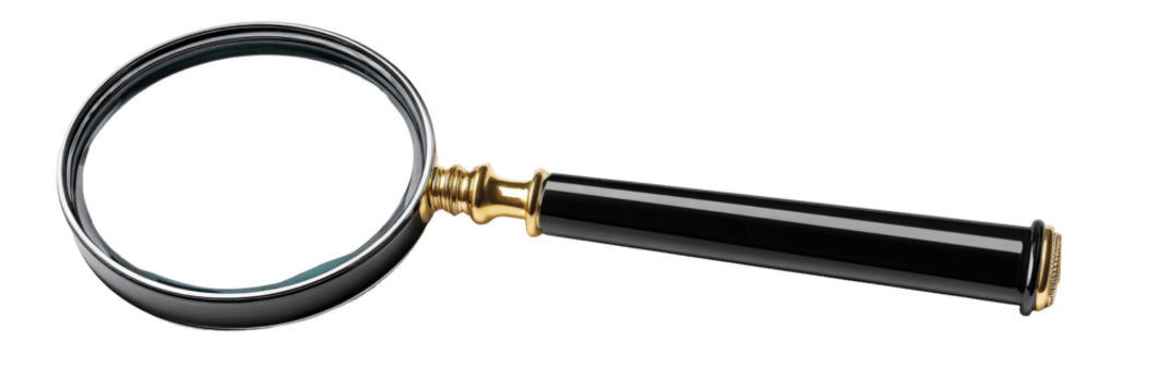 A classic magnifying glass with a polished gold and black handle resting against a transparent background, symbolizing investigation and scrutiny in various contexts