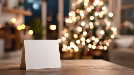 A cozy home interior features a blank white greeting card mockup on a table, with a blurred Christmas tree and bokeh lights in the background, perfect for festive design presentations.