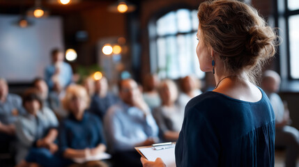 Town hall meeting with faceless attendees community gathering public forum civic event democratic assembly local government meeting public participation with copy space