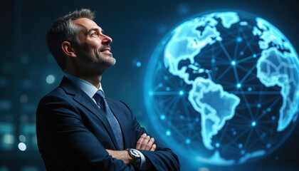 Man in suit looks up, arms crossed. Digital earth globe glows behind him. Futuristic background implies global business success and connectivity. Bright, optimistic view.