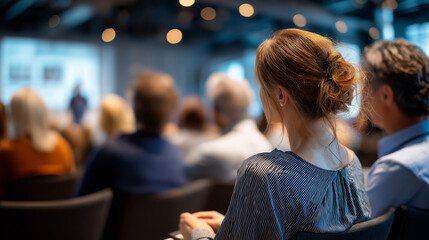 Presentation in auditorium with faceless audience conference event business seminar professional gathering large venue corporate presentation educational lecture with copy