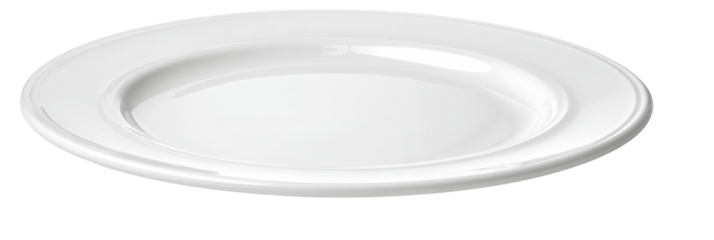 A pristine white plate resting on a clean surface, showcasing its elegant design, ideal for food presentation in a dining setting, with a subtle shadow enhancing its form
