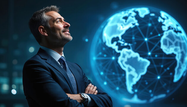 Man in suit looks up, arms crossed. Digital earth globe glows behind him. Futuristic background implies global business success and connectivity. Bright, optimistic view.