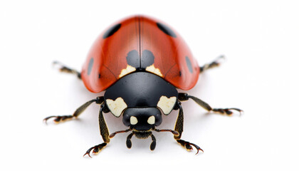 Fototapeta premium Macro photograph of a vibrant red ladybug with black spots against a clean white background, showcasing intricate details of its shell and legs