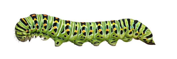 A vibrant green caterpillar with striking yellow and black markings crawling along a branch, set against a blurred natural background, symbolizing transformation and growth