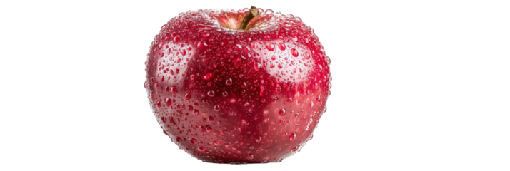 A fresh, dewy red apple sits on a clean surface, showcasing its vibrant color and texture, with droplets of water glistening, symbolizing freshness and health in a minimalistic setting
