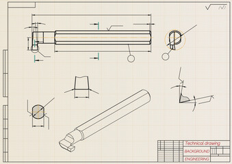 Mechanical engineering drawings on light background. Cutting tools, milling cutter. Technical Design. Cover. Blueprint. Horizontal seamless pattern. Vector illustration.