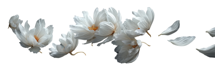 A delicate arrangement of white flowers with soft petals, gently cascading across a dark background, creating an elegant and serene atmosphere perfect for nature-themed designs