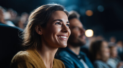 Faceless laughing friends sitting in cinema watching film movie entertainment social outing theater experience group activity film screening with copy space
