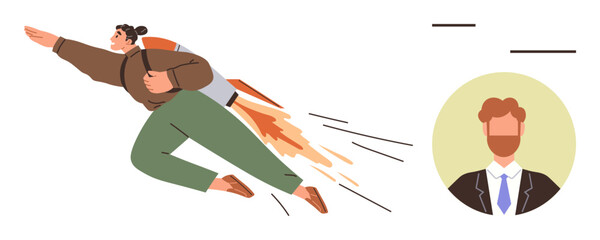 Woman wearing jetpack flies forward with ambition and determination. Male mentor avatar symbolizes guidance and support. Ideal for career growth, leadership, mentorship, empowerment, ambition
