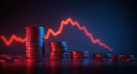 An abstract background featuring a red glowing line and a stack of coins against a blue gradient, symbolizing financial growth and investment strategies in the stock market.