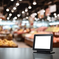 A blank white screen on a black tablet stands at a grocery store cash register. The bright, out-of-focus supermarket background enhances the clean and modern atmosphere.