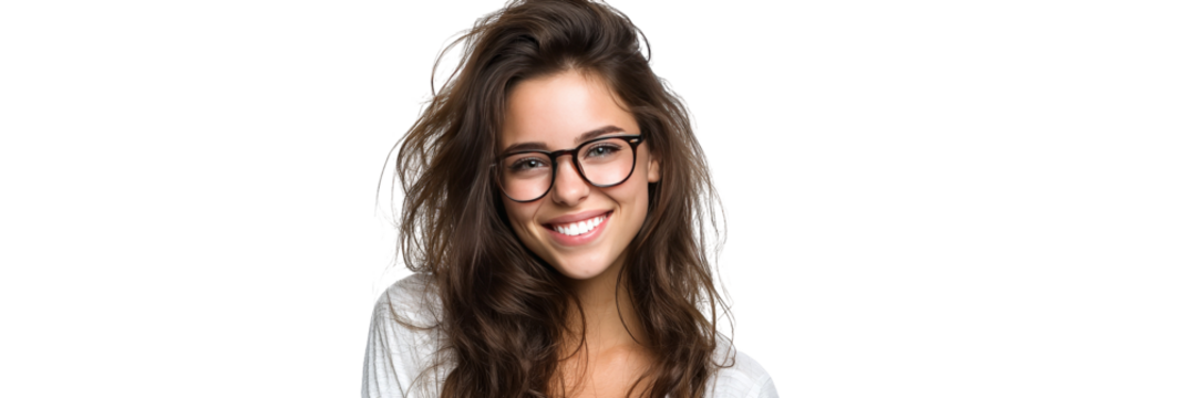 A cheerful young woman with long, wavy hair and glasses smiles brightly at the camera, set against a simple, neutral background, conveying a sense of joy and confidence