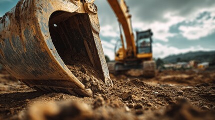 An excavator digs into the earth on a bright sunny day, showcasing the power of machinery against a blurred landscape, emphasizing the dynamic activity of construction and land development.