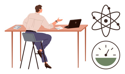 Fototapeta premium Man sitting at the desk gesturing while discussing, accompanied by atom and gauge icons. Ideal for education, science, physics, analysis, brainstorming, productivity, simple flat metaphor