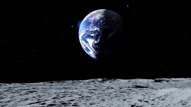 Earth floats majestically in dark space, viewed from moon surface. Cosmic landscape showcases celestial beauty between worlds, evoking sense of exploration and connection within universe vast expansio