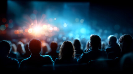 Empty cinema screen with faceless audience silhouettes movie theater entertainment venue film screening defocused crowd projection screen theatrical setting with copy space