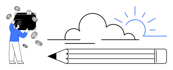 Man gathering coins into wallet, large pencil next to a cloud and sunrise. Ideal for finance, savings, creativity, innovation, growth, productivity education. Modern simple flat metaphor