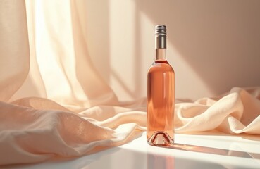 Fototapeta premium Bottle of rose wine placed on reflective white surface. Fabric drapery forms soft backdrop. Sunlight creates shadows. Rose liquid inside the glass bottle.