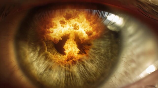 Extreme close up of a human eyeball reflecting a nuclear explosion, showing the destructive mushroom cloud in the pupil. The iris contracts in response to the bright, devastating flash