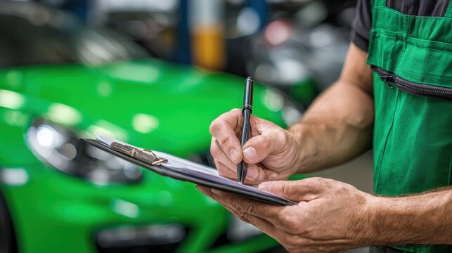 A mechanic's hand holds a pen, jotting down notes on a clipboard while a car accident scene looms nearby. The focus is on the diligent action, emphasizing precision in a busy automotive shop.