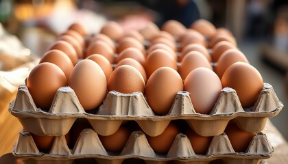 Fresh Eggs At Market On Display In Cardboard Containers With Brown Shells These Fresh Eggs Highlight Rural Marketplace For Organic Products Wholesome Breakfast