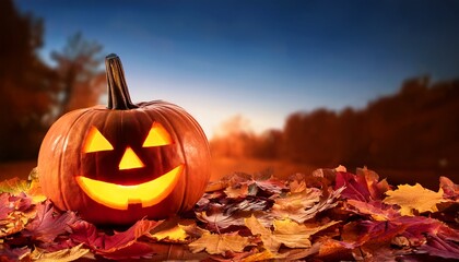 Illuminated Jack O Lantern On Autumn Leaves