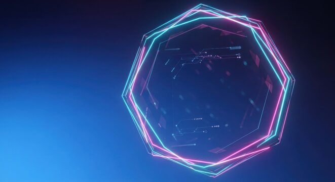 Futuristic abstract glowing hexagonal structure with neon light effect on dark blue
