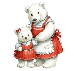 A charming watercolor illustration features a loving white bear mother alongside her adorable baby girl teddy bear, dressed in a red apron and ribbon bow, set against a pristine white background.