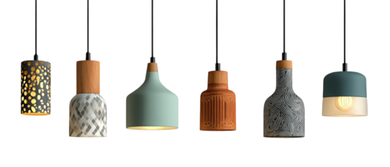 A collection of stylish pendant lamps showcasing various materials and designs, hanging in a well-lit interior space, highlighting modern decor trends