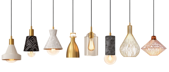 A collection of modern pendant lights showcasing various designs, materials, and shapes, elegantly hanging in a well-lit space, enhancing the aesthetic of the interior environment