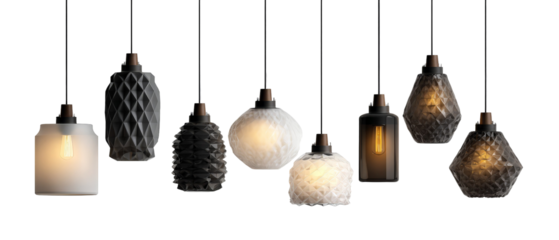 A stunning array of modern pendant lights showcasing various intricate designs, illuminating a stylish interior space, creating a warm and inviting ambiance