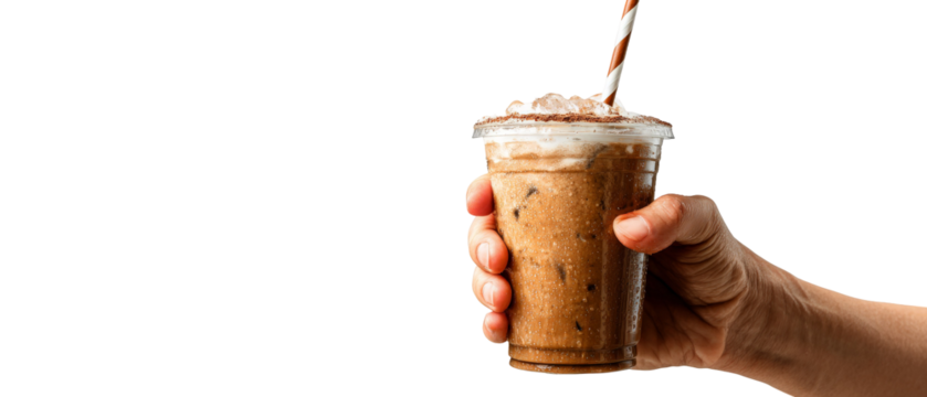 A hand holding a refreshing iced coffee drink topped with whipped cream, with a straw inserted, against a clean background, ideal for beverage promotion or summer refreshment themes