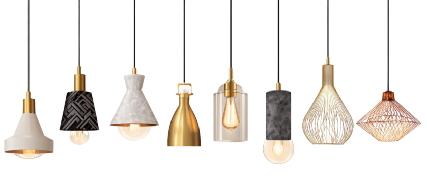 A collection of modern pendant lights showcasing various designs, materials, and shapes, elegantly hanging in a well-lit space, enhancing the aesthetic of the interior environment