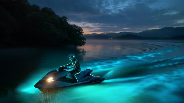 微光の湾で幻想的に走る男性ライダー
