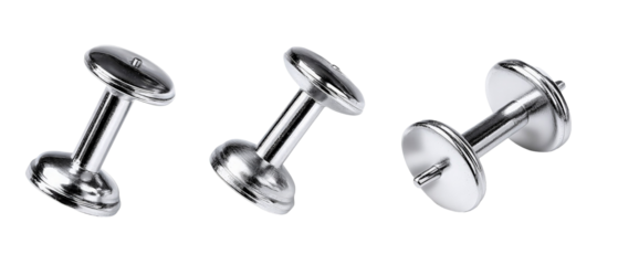 A set of three shiny metal dumbbells arranged in a row, showcasing their sleek design and reflecting light, ideal for fitness and gym-related content