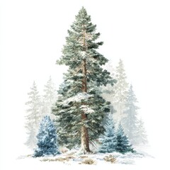 Obraz premium A serene winter forest scene featuring a tall, beautiful green pine tree surrounded by light blue spruce trees, all dusted with snow. The pastel color palette evokes a tranquil, calming atmosphere.