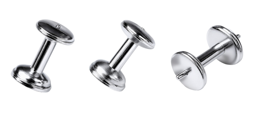 A set of three shiny metal dumbbells arranged in a row, showcasing their sleek design and reflecting light, ideal for fitness and gym-related content